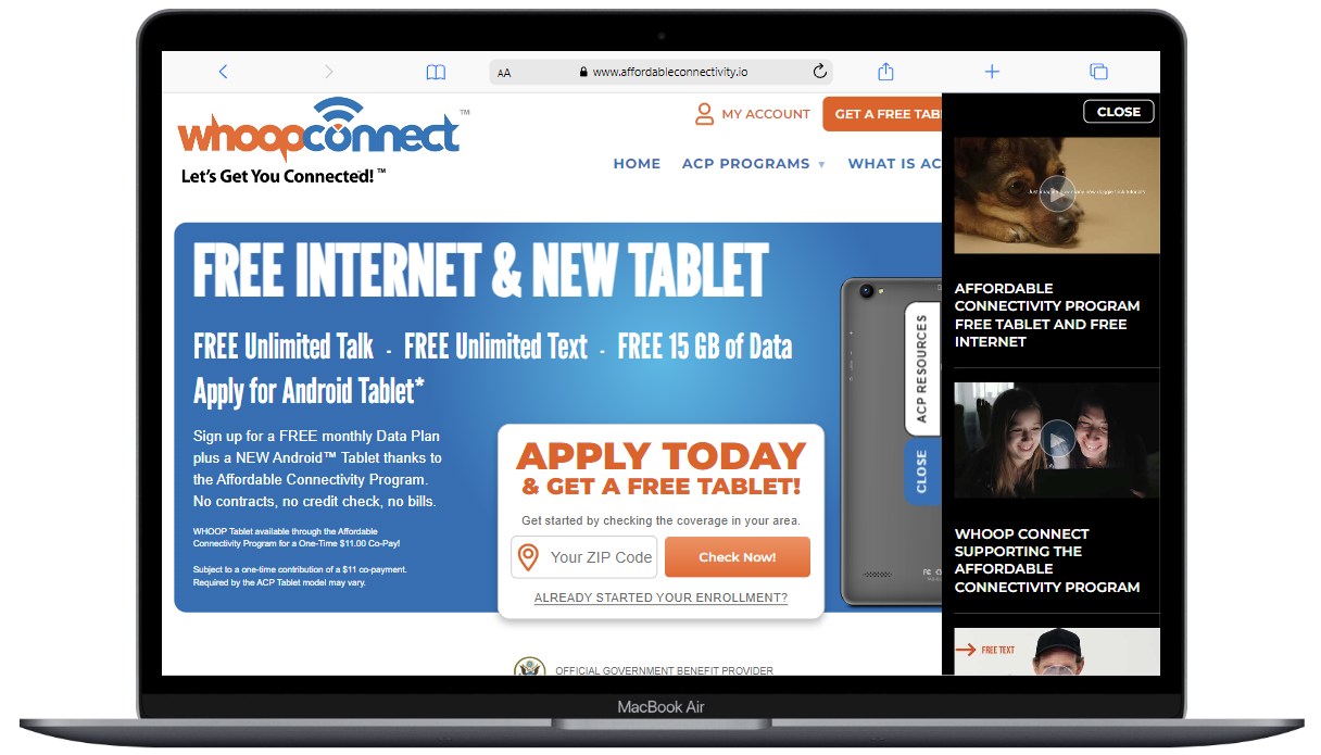 Screenshot of WhoopConnect.com homepage layout on a laptop screen