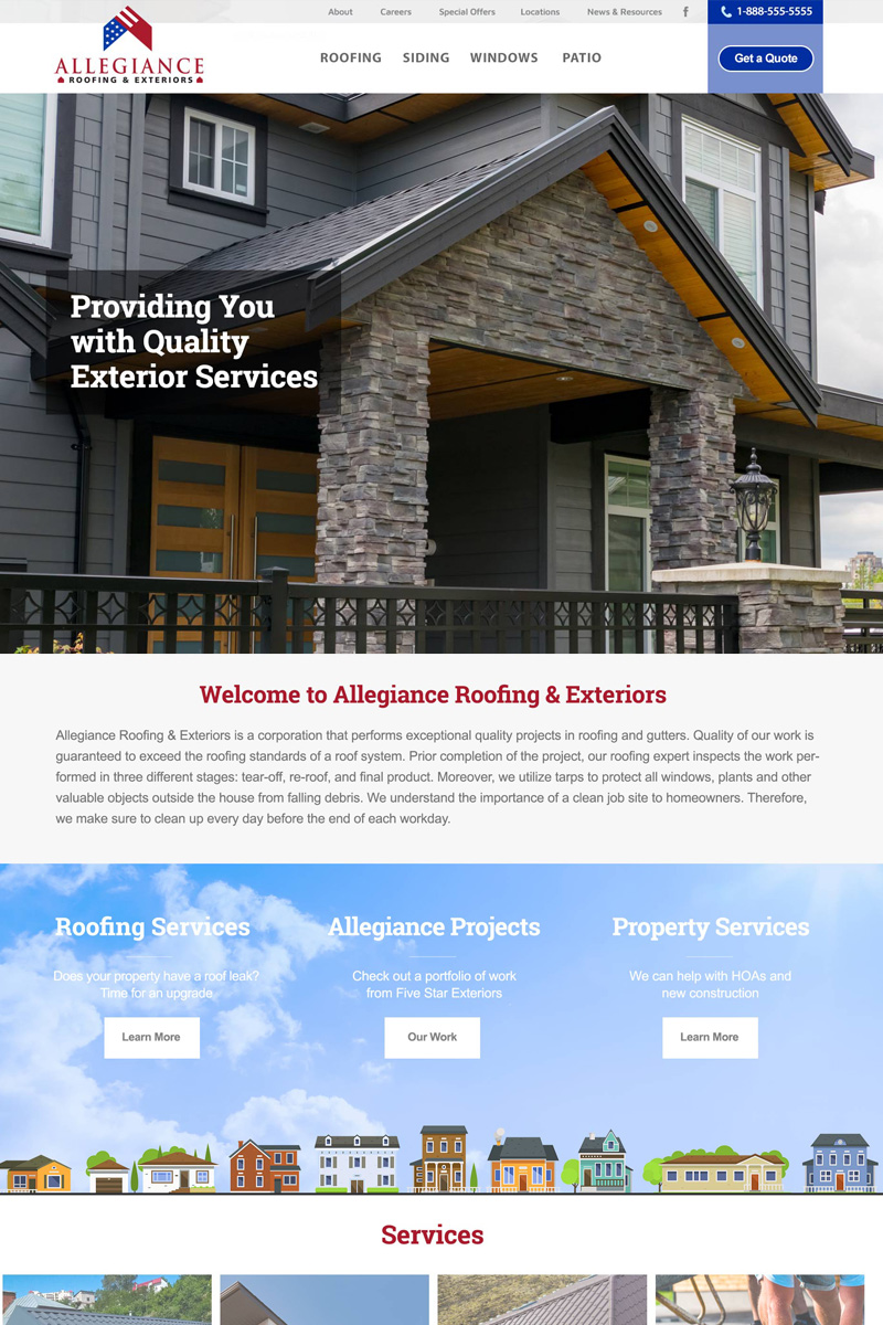 Allegiance Roofing and Exteriors website homepage