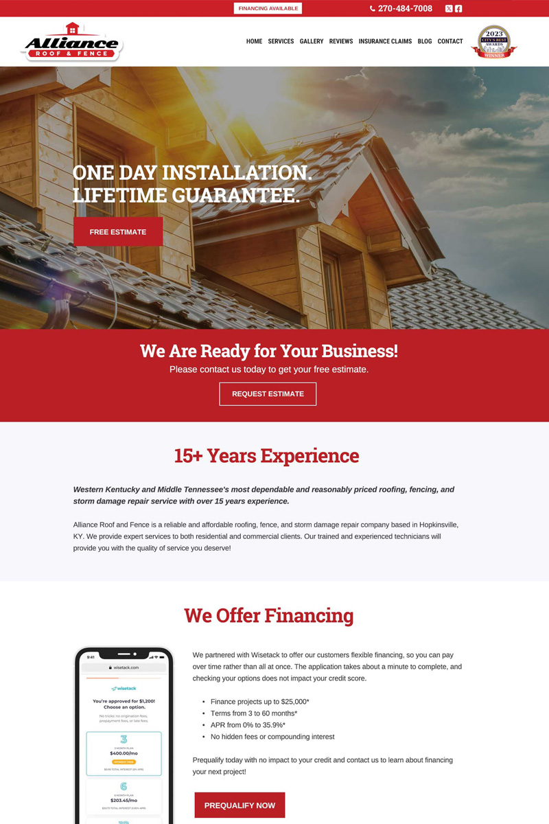 Alliance Roof and Fence contractor website homepage