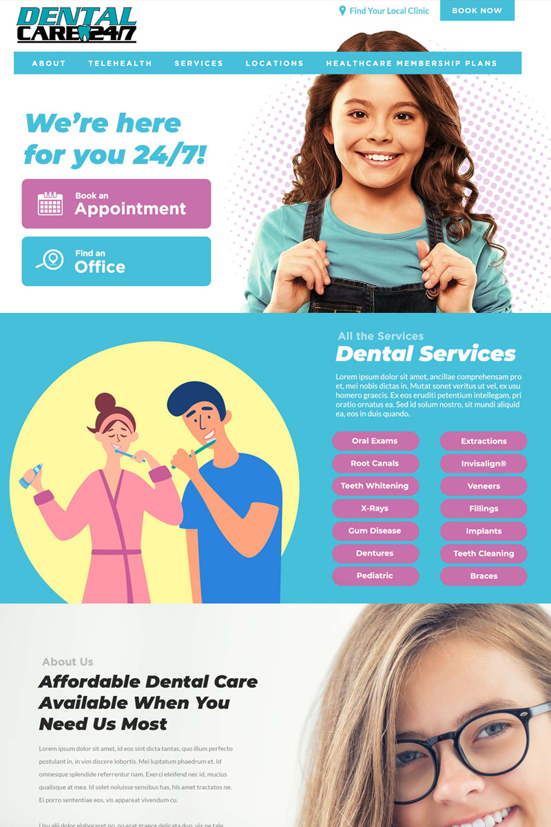 Dental Care 24/7 telehealth and clinic website homepage