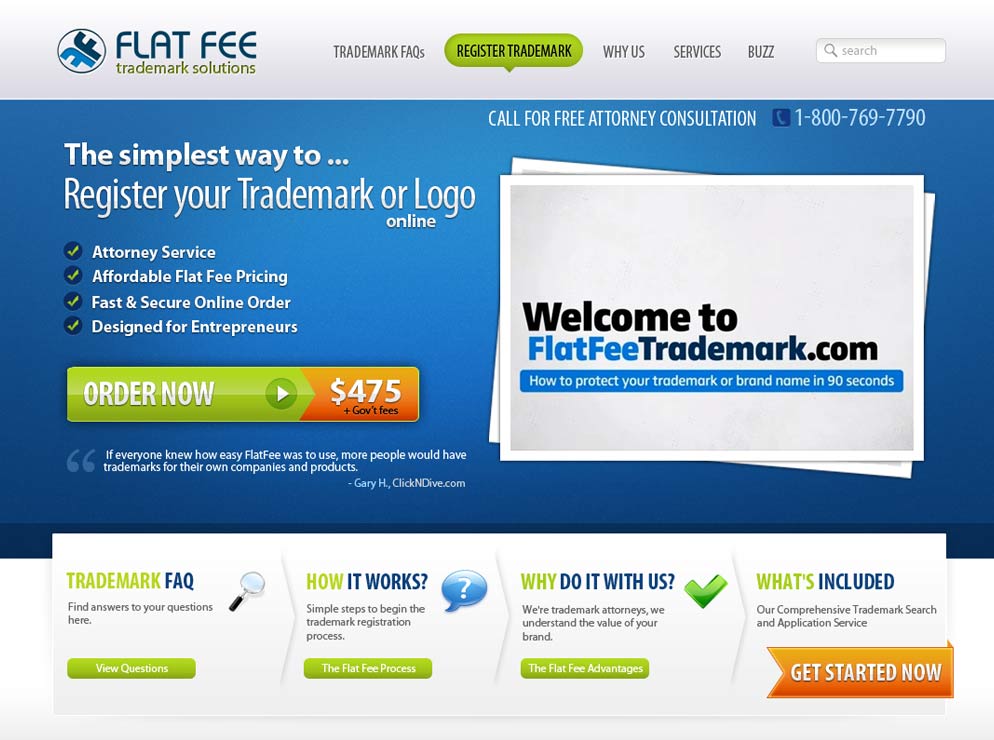Flat Fee trademark solutions website homepage