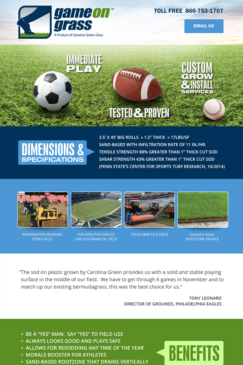 Game On Grass specialty sod product website homepage