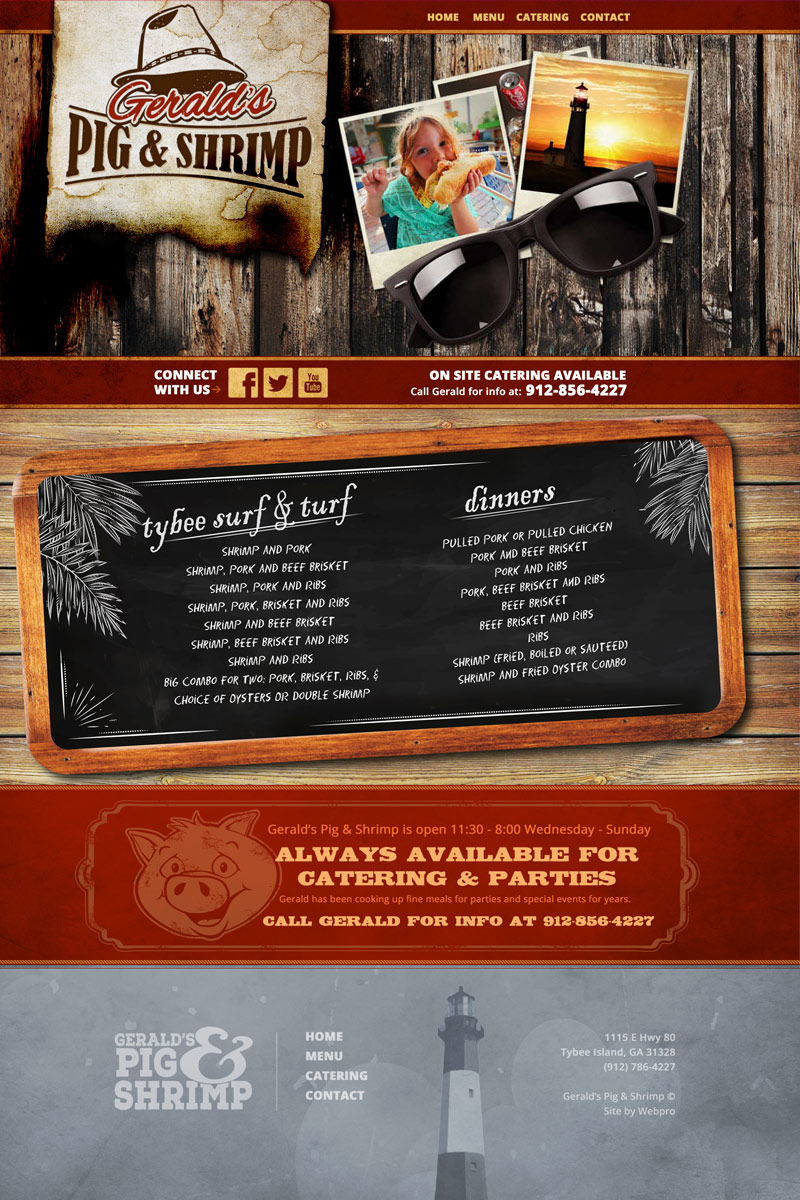 Gerald's Pig & Shrimp restaurant website homepage