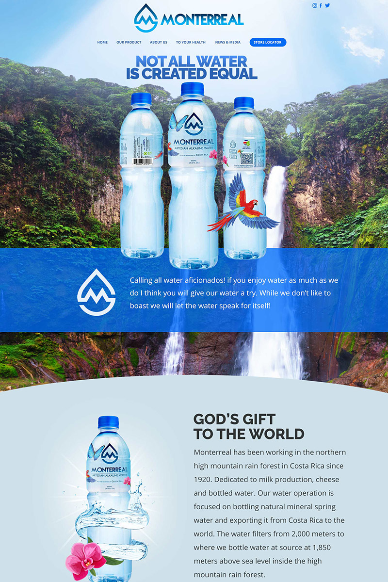 Monterreal artesian alkaline water brand website homepage