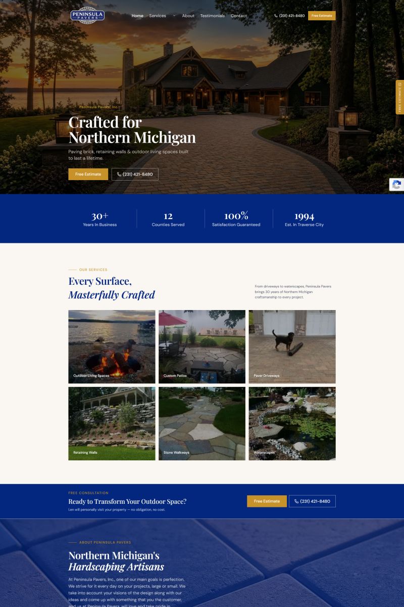 Peninsula Pavers custom website homepage