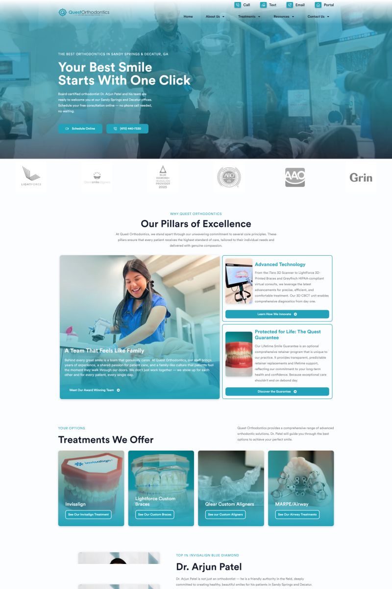 Quest Orthodontics custom website homepage