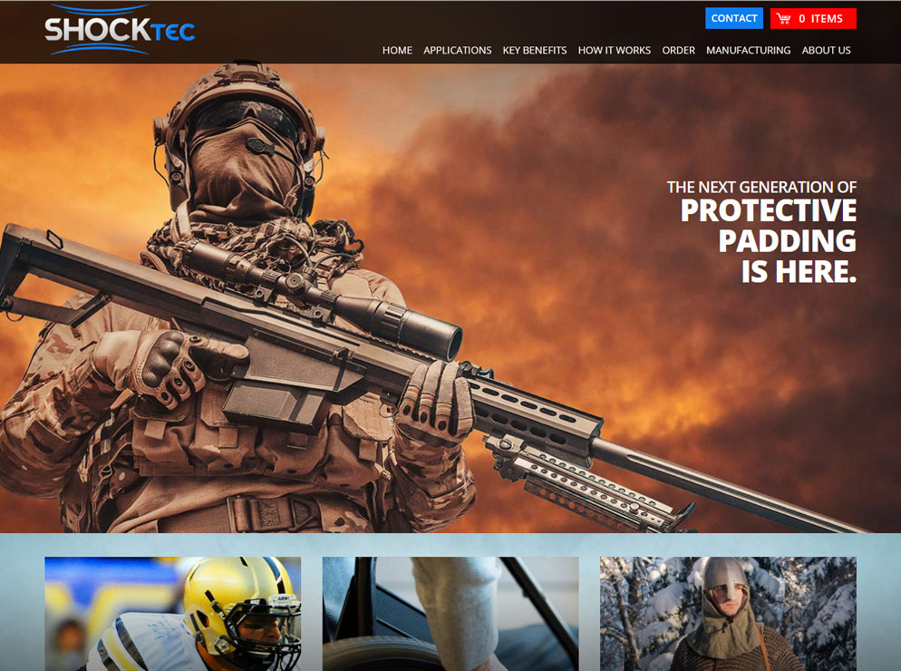 ShockTec protective padding website concept homepage