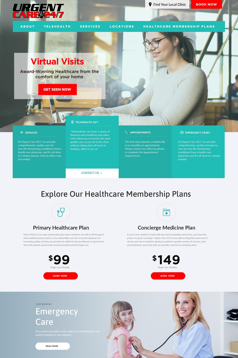 Urgent Care 24/7 telehealth and clinic website homepage