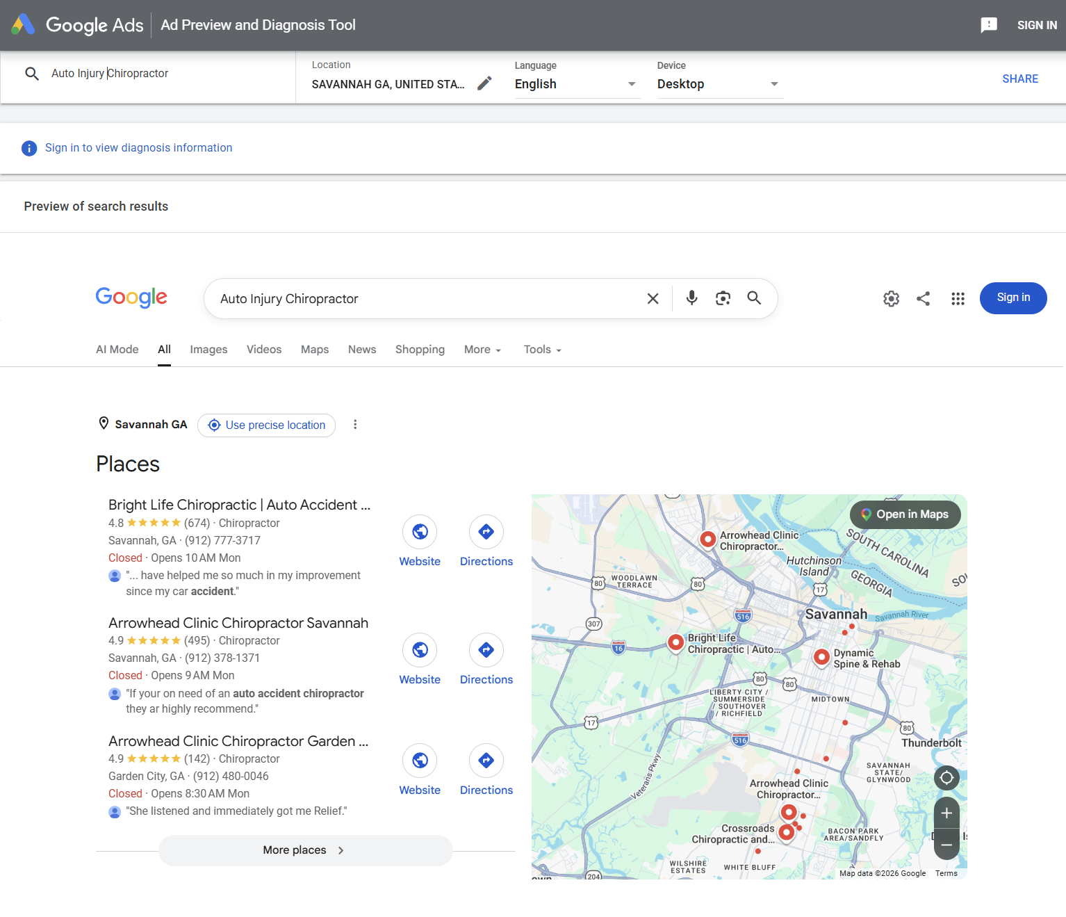 Google Ad Preview tool showing Bright Life Chiropractic ranked first in the local Places pack for Auto Injury Chiropractor in Savannah GA