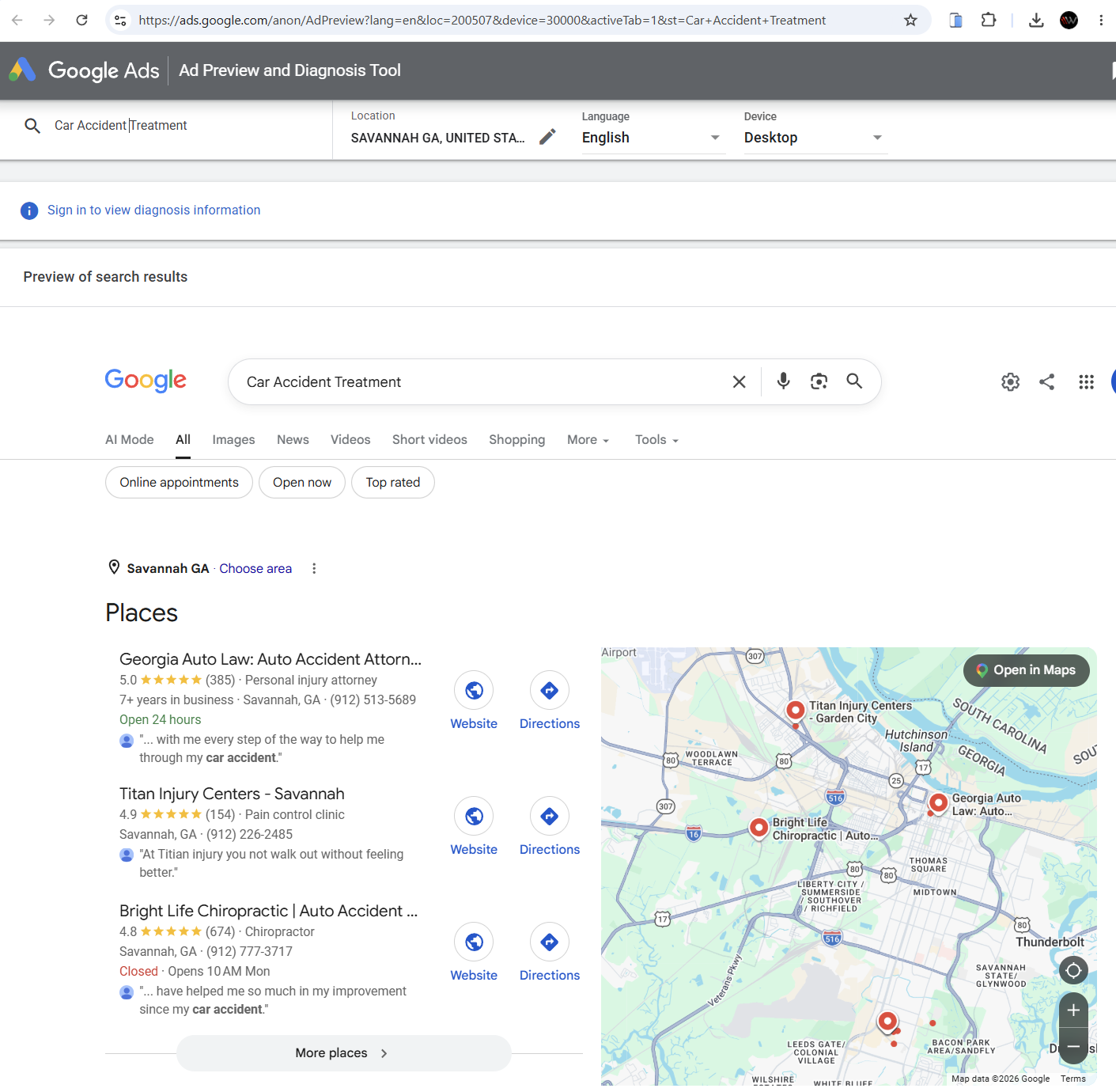 Google Ad Preview tool showing Bright Life Chiropractic ranked third in the local Places pack for Car Accident Treatment in Savannah GA, alongside a personal injury attorney and a pain clinic