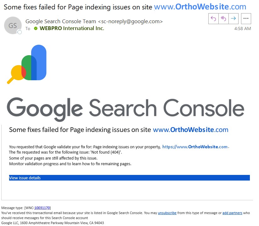 Google Search Console email titled Some fixes failed for Page indexing issues, reporting that the fix for Not found (404) failed and some pages are still affected