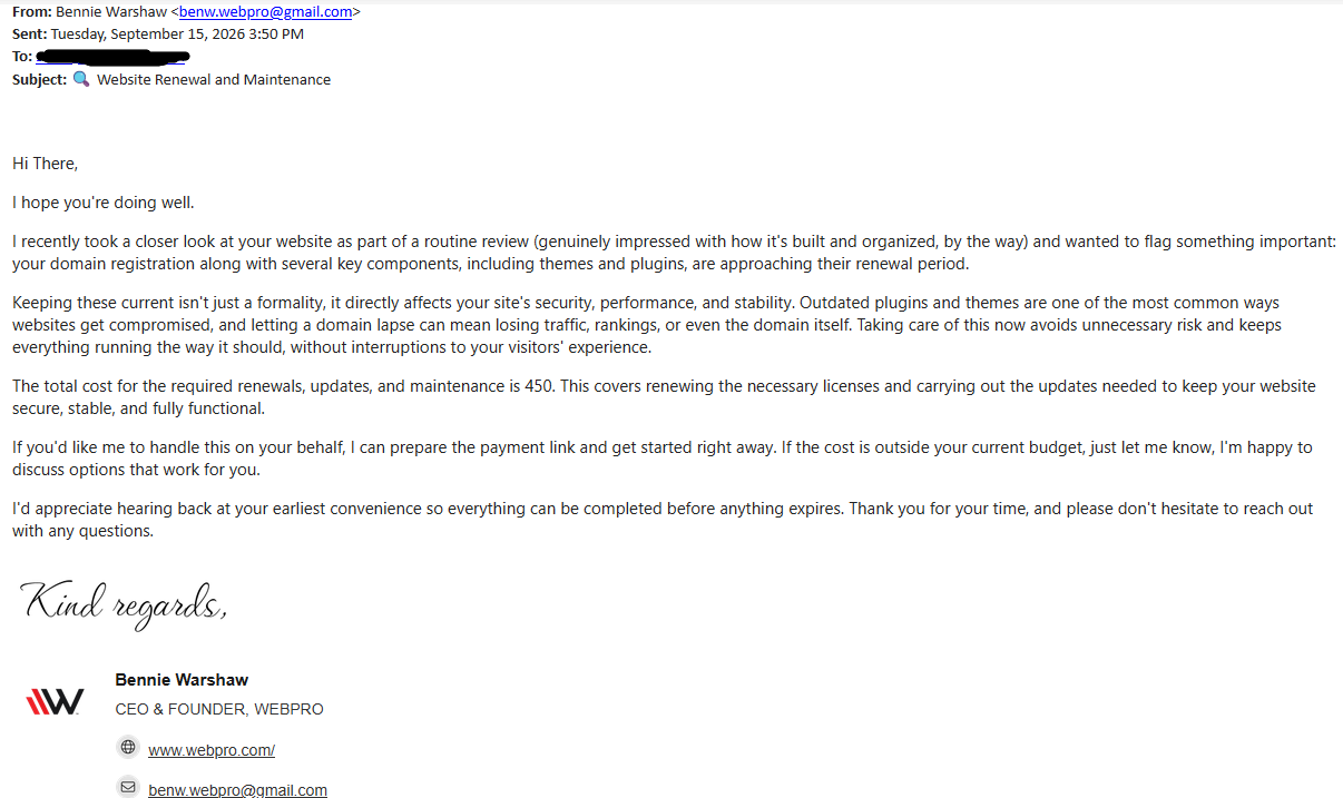 Scam email impersonating Bennie Warshaw of WEBPRO, sent from benw.webpro@gmail.com with the subject Website Renewal and Maintenance