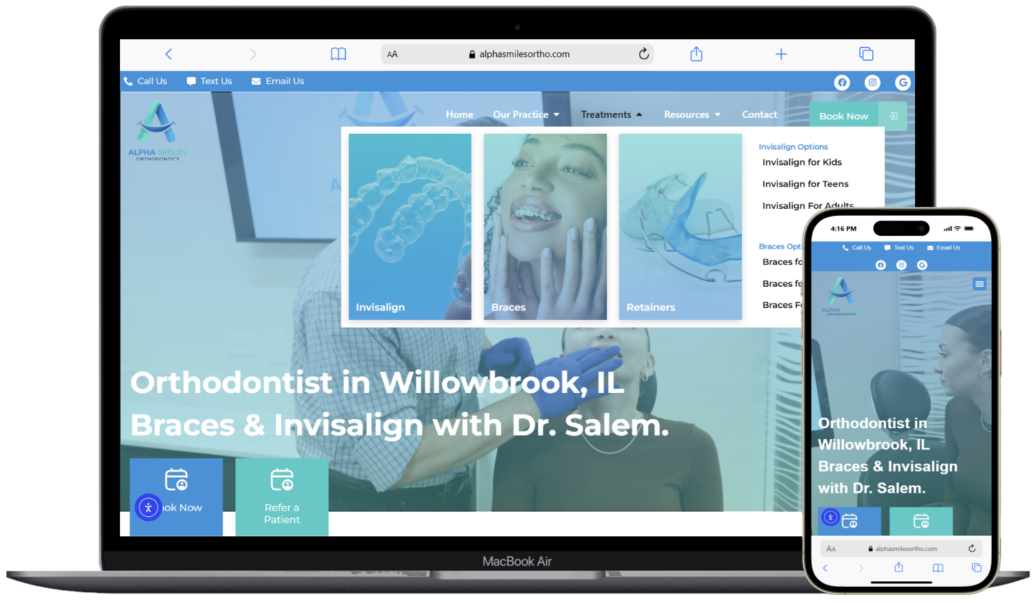 Alpha Smiles Orthodontics website showing real photos, named doctor, treatment-specific navigation, and mobile parity