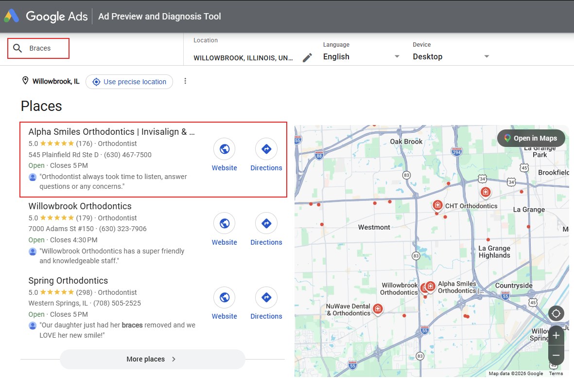 Alpha Smiles Orthodontics ranking position one in the Google map pack for the single-word search Braces in Willowbrook Illinois