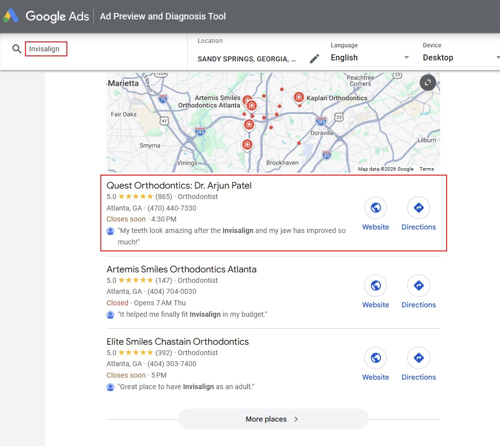Quest Orthodontics ranking position one in the Google map pack for the single-word search Invisalign in Sandy Springs Georgia