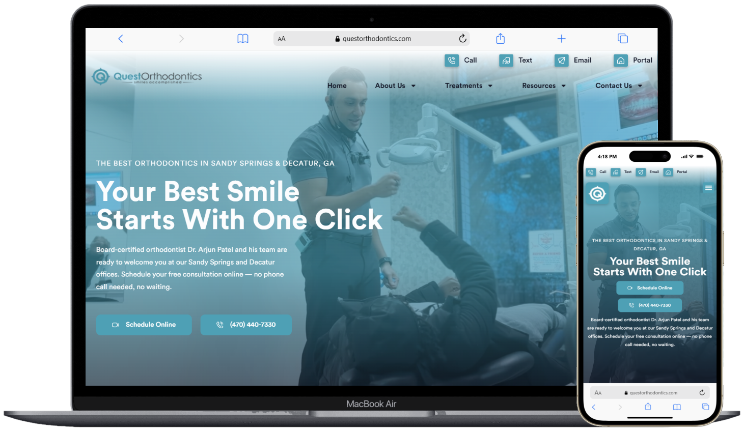 Quest Orthodontics website showing real clinical photography, named doctor, and desktop and mobile parity